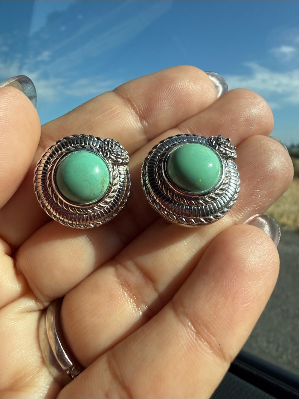 Judith Ripka Silver Tone Clip-On Earrings with Green / blue Stone turquoise ton